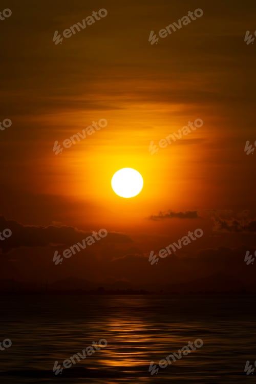 Preview: Sunset Sky With Cloud And Silhouette Mountain At The Lake In Golden Time.