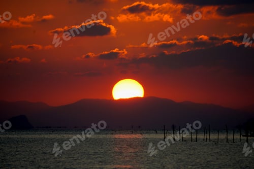 Preview: Sunset Sky And Big Sun Over The Lake.