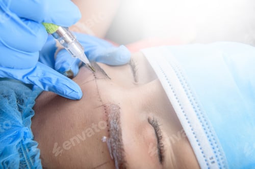 Preview: Microblading Eyebrows Workflow. Permanent Makeup For Eyebrows Having Professional Eyebrow Tattoo In