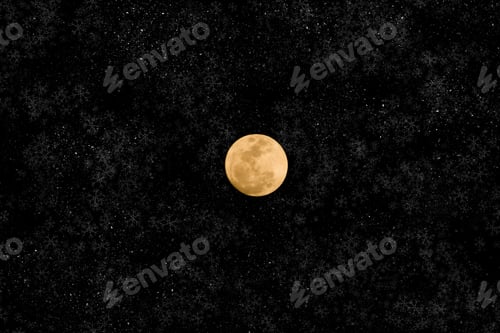 Preview: Night Sky With Abstract Snow Fall And Orange Full Moon.