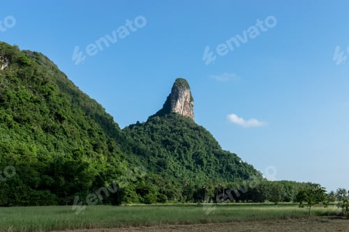 Preview: Limestone Mountain With Green Tree And Blue Sky.