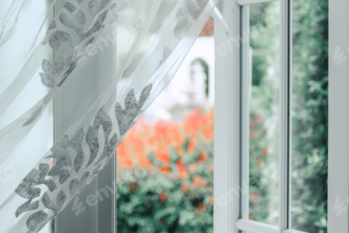 Preview: White Curtain By The Window And Blurry Of The Flower Field With Nature Light, Beautiful Curtain