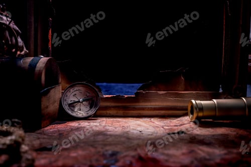 Preview: Columbus Day. Pirates And Treasure With Worldmap And Discovery Equipment. Copy Space On Dark