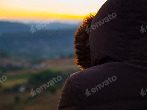 Preview: Travel And Photographer Concept From Backside Of Woman With Hoodie Cloth Stand And See Mountain