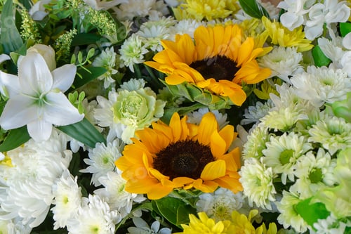Preview: Close Up Sunflowers And Chrysanthemum Flower In The Wedding Background.