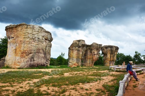 Preview: Thai Women People Travel And Posing Shooting Photo With Mor Hin Khao Or Thai Stonehenge In The Phu