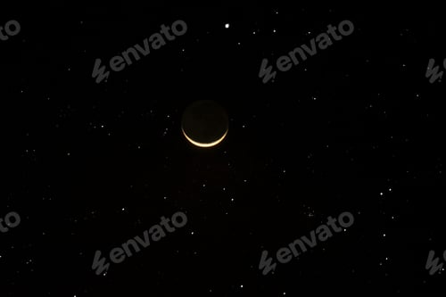 Preview: The Crescent Moon On The Sky And Stars In The Dark Night With Noise And Grain Background.