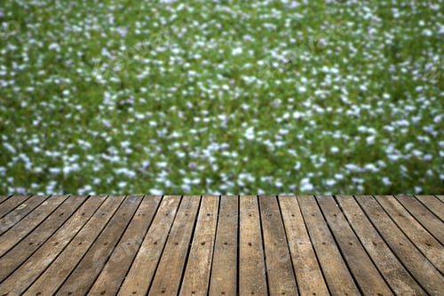 Preview: Wooden Walkway With Blurred Background Image Of Flower Fields.