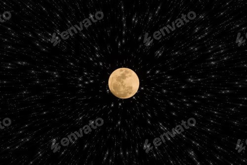 Vista previa: Cielo nocturno con caída abstracta de estrellas y luna llena naranja.