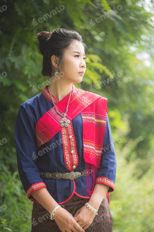 Preview: Portrait Of Asian Girl With Thai Local Traditional Dress, Famous In Countryside Of Thailand