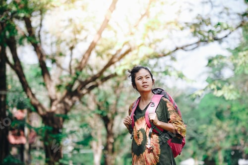 Preview: Traveler Backpacker Asian Women With Nature Background , Concept Travel , Copy Space