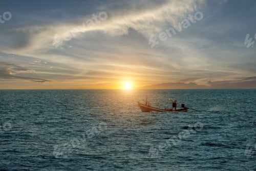 Preview: Small Fishing Boat On The Sea With Sunrise Sky.