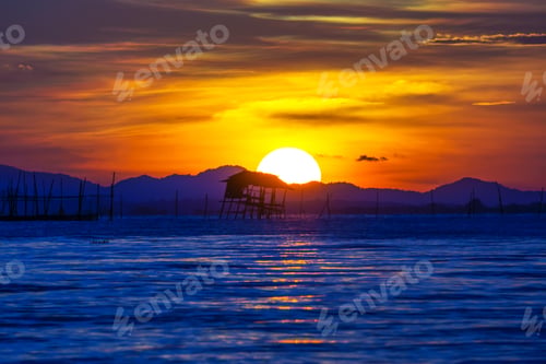Preview: The Old Wooden Pavilion, On The Blue Lake With Sunset Sky, Thailand.