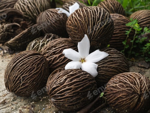 Preview: Close Up Of Cerbera Odollam Gaertn Flower And Seeds. The Seed Can Be Used To Decorate Homes And