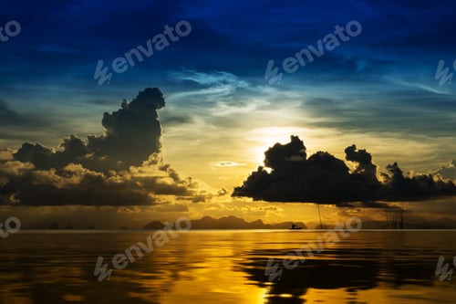 Preview: Two Tone Color Of Sunset Sky With Cloud On The Lake.