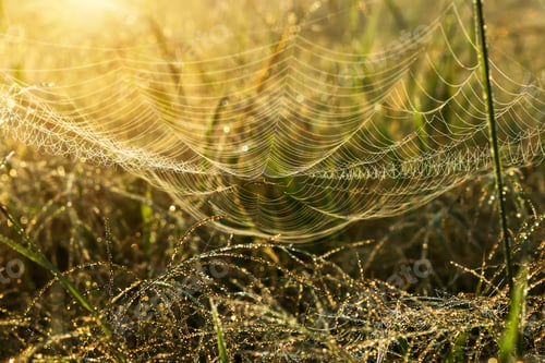 Preview: Spider Web On Flower Grass And Drop Dew With Sunlight.