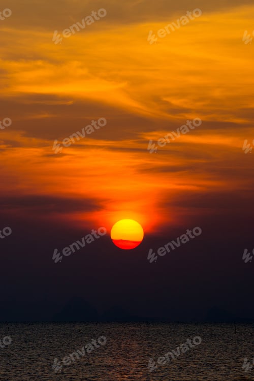 Preview: Sunset Sky And Big Sun Over The Lake.