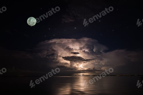 Preview: Full Moon In The Dark Sky With Rain Clouds And Lightning At The Lake.