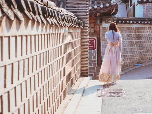 Preview: Travel And Tourist Asia Concept From Backside Long Hair Woman In Korea Traditional Cloth (Hanbok)