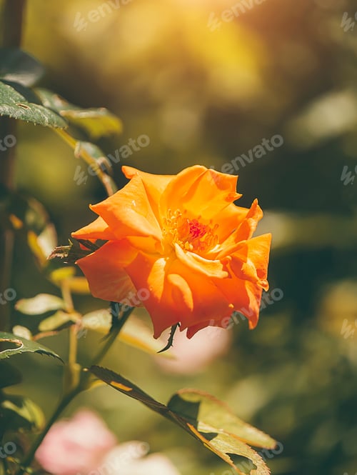Preview: Close Up Of Orange Rose Flower With Light On Blur Background In Vintage Color Tone.