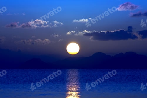 Preview: Sunset At The Lake In Blue Color Season.