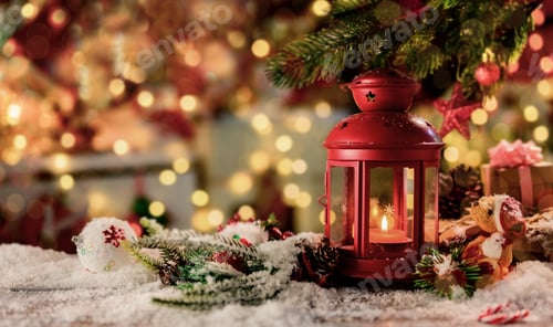Preview: Red Candle Lantern Christmas Holiday Scene with Bokeh