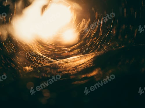 Preview: Macro Spider Web On Daek Background With Sunlight In Vintage Color.