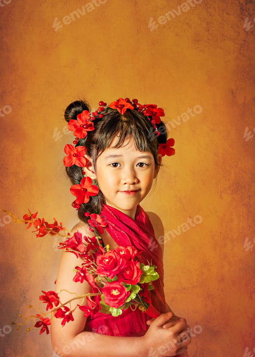 Preview: Cute Asian Little Girl With Wreath Of Flowers On Her Head