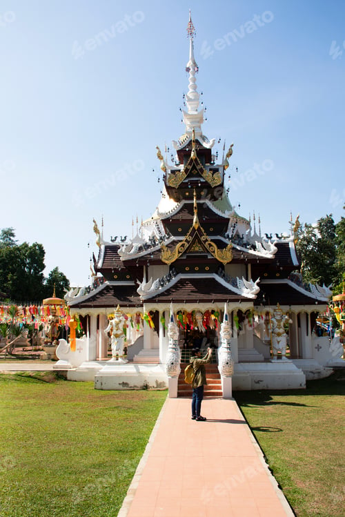 Preview: Travelers Thai Women People Travel Visit Respect Praying And Use Smart Mobile Phone Take Photo