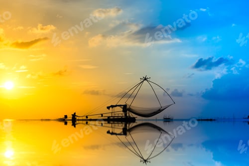 Preview: Silhouettes Of Minimal Fisherman At The Lake, Thailand.