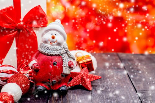 Preview: Christmas Decoration With Snow And Red Blur Background, Xmas Concept Idea