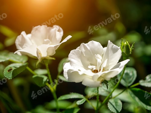 Preview: Close Up Mini White Fairy Rose Flower (Scietific Name Rosa Chinensis Jacq) With Sunlight On Blur