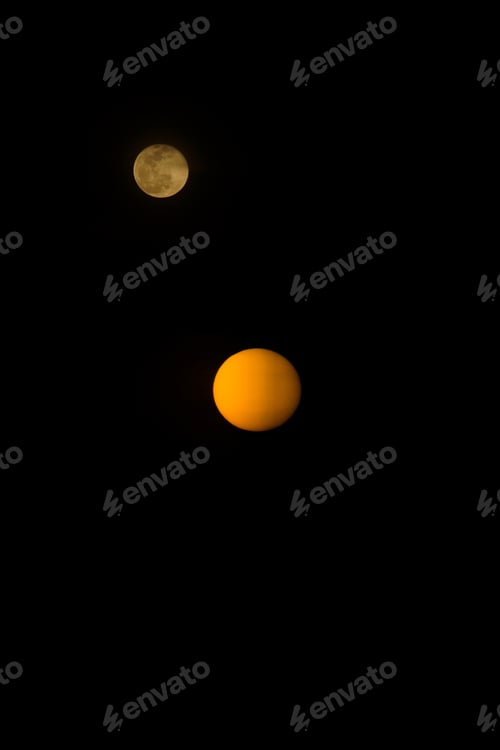 Preview: Big Sun And Full Moon In The Dark Background.