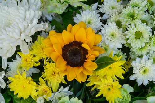 Preview: Close Up Sunflowers And Chrysanthemum Flower In The Wedding Background.
