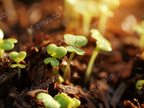 Preview: Young Seedlings Germinate From Seed With Floating Sunlight And Blur Background.
