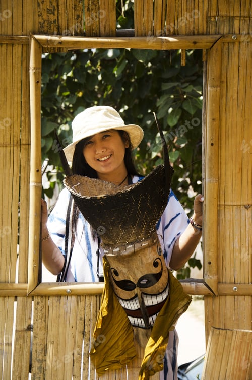 Preview: Asian Thai Woman Travelers Wearing Mask Head With Costume Of Phi Ta Khon Dance And Playing At Phi