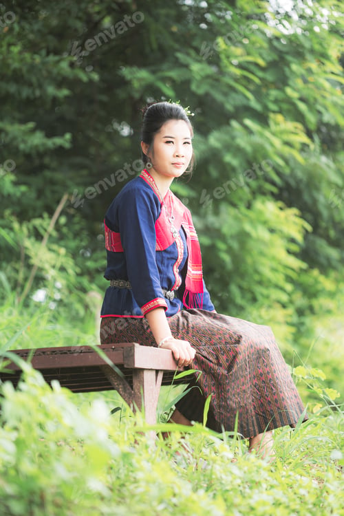 Preview: Portrait Of Asian Girl With Thai Local Traditional Dress In The Rice Field, Famous In Countryside
