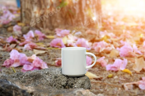 Preview: Morning Coffee On The Under Trees And Pink Flowers.