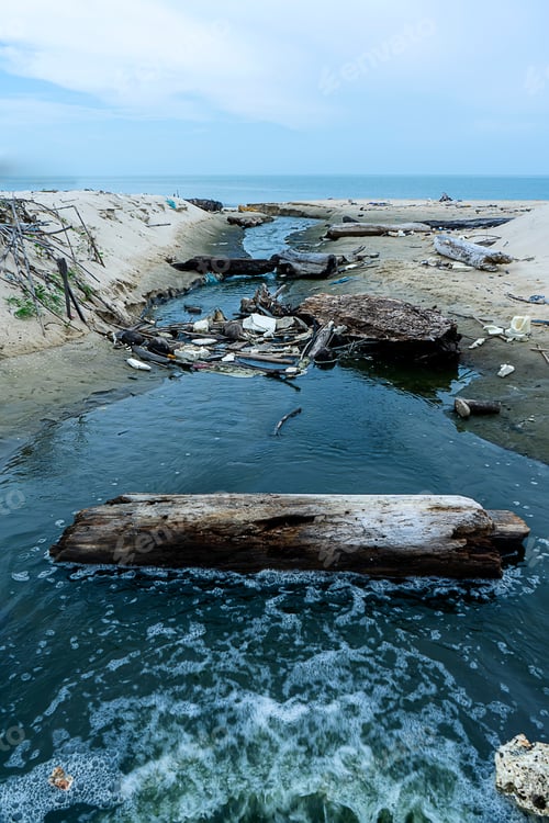 Preview: Dirty Canal To The Sea With Sky And Cloud