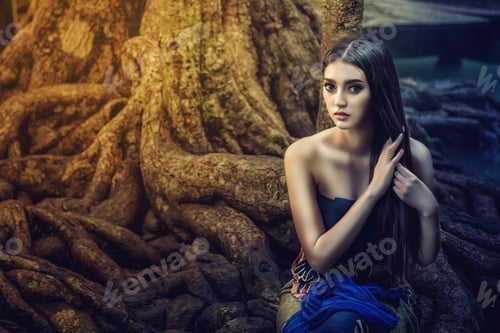 Preview: Beautiful Girl In A Thai Dress Traditional Costume On A Autumnal Scene On A Tree Mountain River At