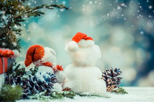 Preview: Christmas Decoration On Snow With Teddy Bear And Gift Box. Copy Space For Text With Bokeh Blur