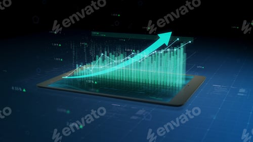 Preview: Stock Market Growth, Financial Success Results Monitored On A Tablet Or Phone, Numbers And Arrows