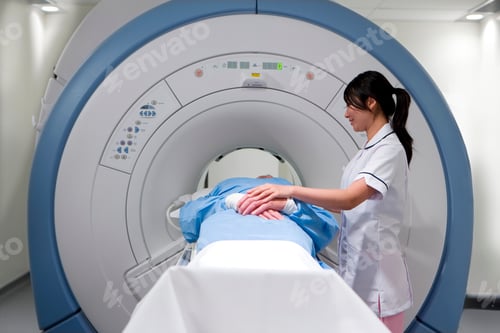 Preview: A Front View Of An Mri Machine With A Young Adult Radiologist In Uniform Helping A Patient Through