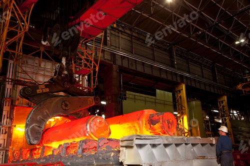 Preview: A Wide Shot Of An Engineer Watching Hot Molten Forged Steel Rods In A Furnace In A Factory.