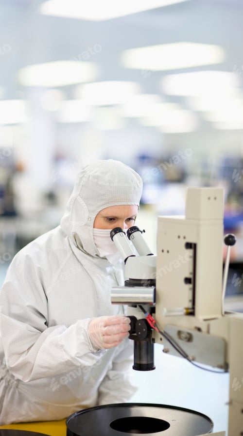 Preview: A Scientist In A Clean Suit Carefully Examining The Silicon Wafer Under A Microscope While