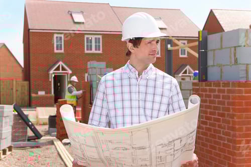 Preview: A Pensive Architect Holding Blueprints At A Housing Construction Site While Looking At The