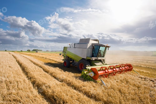 Preview: A Wide Shot Of A Green Tractor Harvesting Barley In A Field.