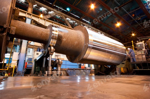 Preview: A Low Angle Wide Shot Of Engineers Working On A Big Metal Machinery In A Warehouse.