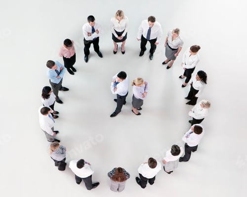 Preview: Overhead Shot A Businessman And A Businesswoman With Hands Crossed In Center Surrounded By Their