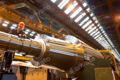 Preview: A Low Angle Wide Shot Of An Engineer Working On A Metal Machinery In A Warehouse.